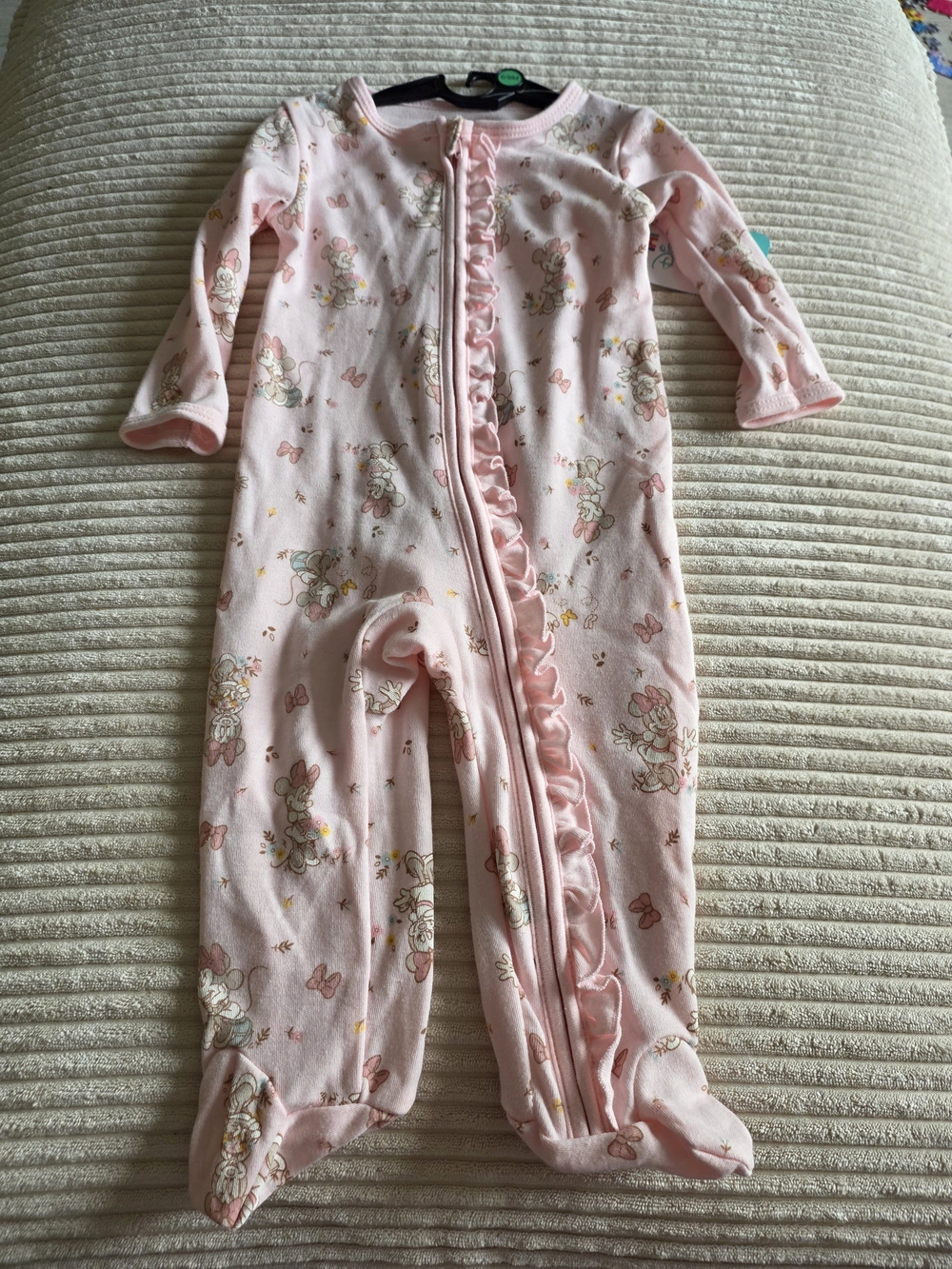 Disney Pink Ruffle-Trim Minnie Mouse Print Footed One-Piece